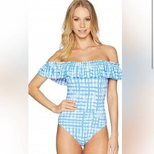 Lilly Pulitzer Blue Fiesta Gingham Off-Shoulder One-Piece Swimsuit